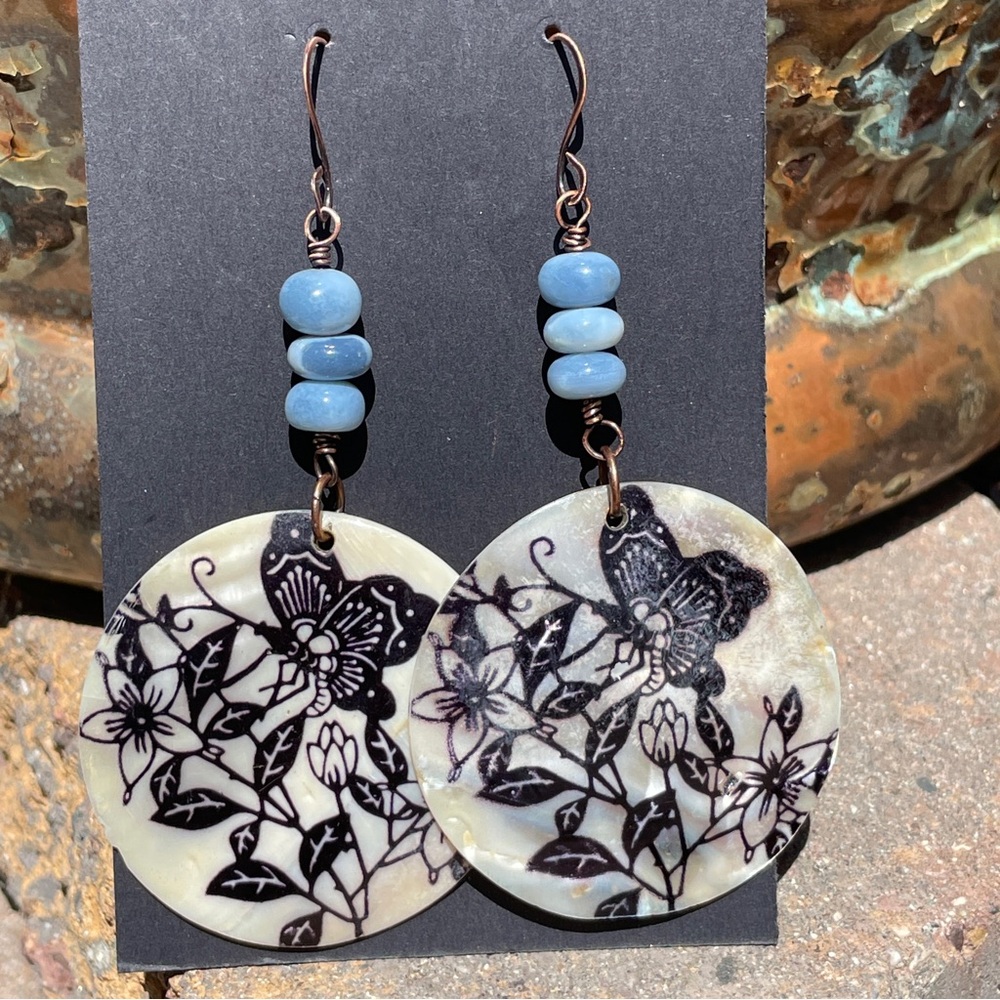 Blue Opal And Butterfly Seashell Copper Dangling Earrings - Picture 3 of 9